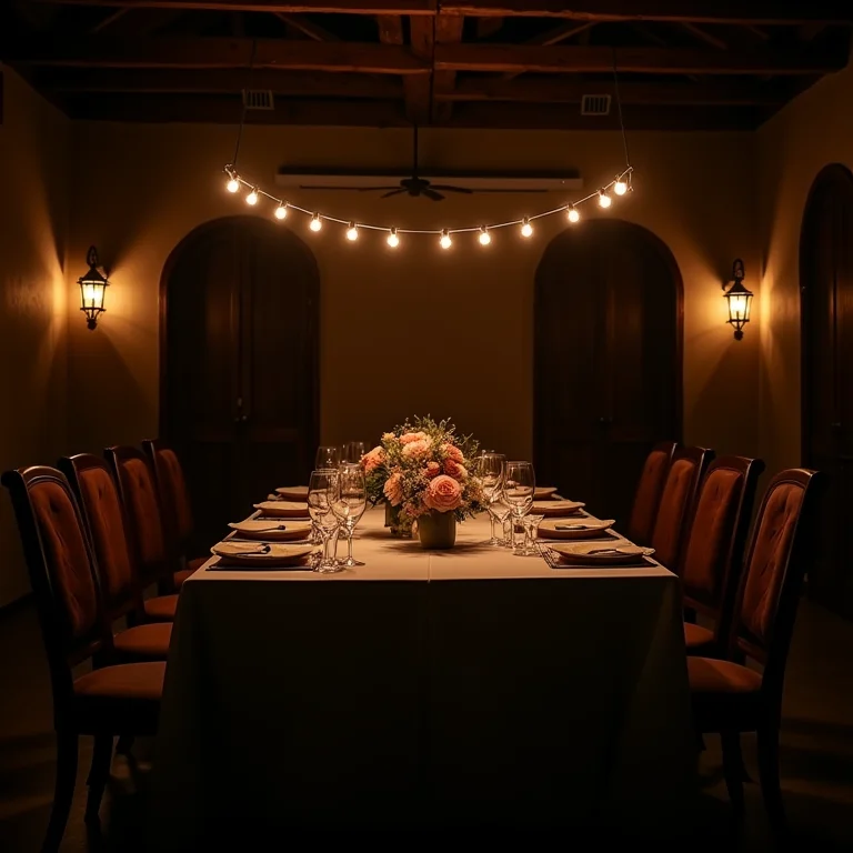 Recepção de casamento rústico com iluminação inadequada, ambiente escuro