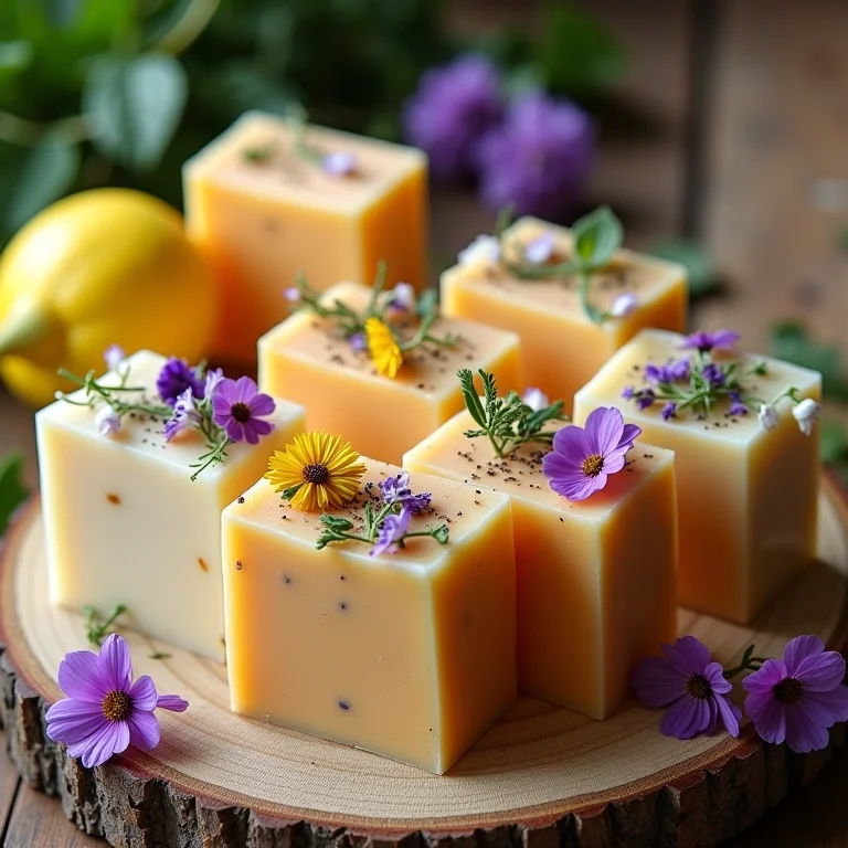 Sabonetes artesanais decorados com flores e ervas para lembrancinha da primavera