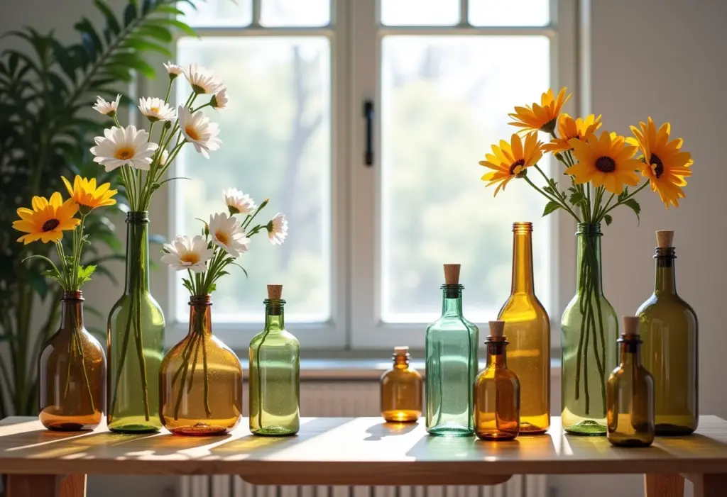 Decoração com garrafas: 7 ideias incríveis para sua casa Sala de estar decorada com garrafas de vidro recicladas