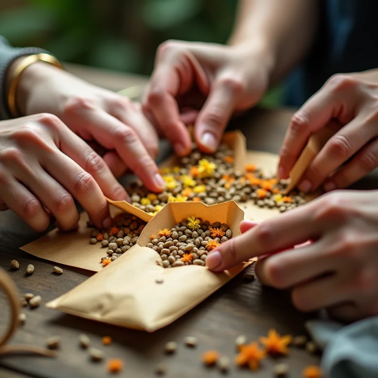 Sementes de flores sendo embaladas em envelopes de papel para lembrancinha da primavera