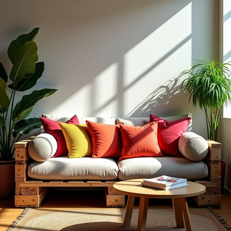 Sofá de pallet com almofadas coloridas em sala de estar brasileira