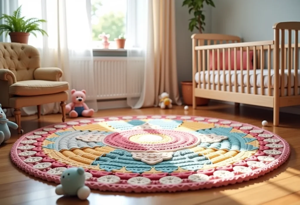Tapete de crochê colorido em quarto de bebê