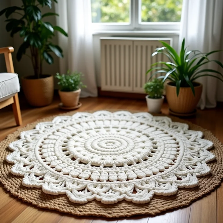 Tapete de crochê redondo em sala de estar aconchegante