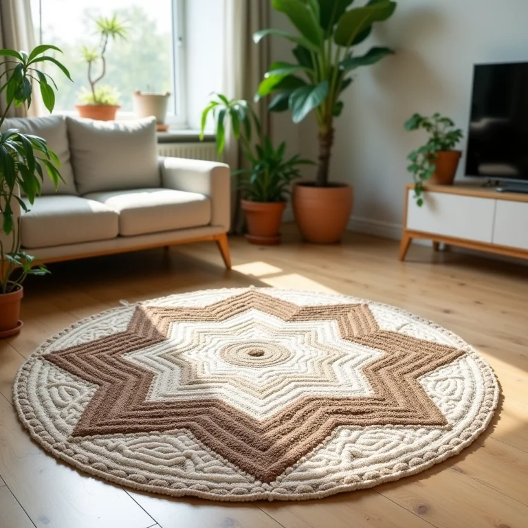 Tapete de ponto russo com padrão geométrico em sala iluminada