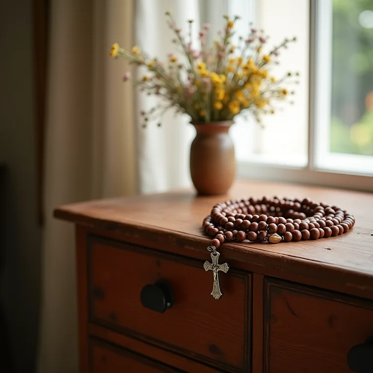 Terço artesanal em cômoda de madeira