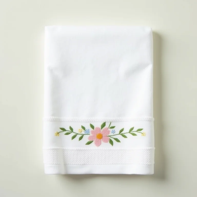 Toalha de banho branca com bordado em ponto cruz floral em banheiro iluminado
