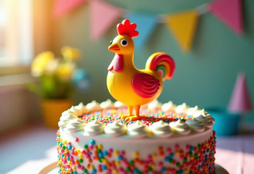 Topo de bolo da Galinha Pintadinha decorando um bolo de aniversário colorido