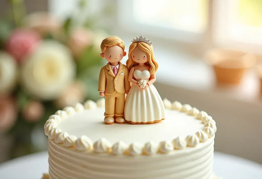 Topo de Bolo de Biscuit: Guia prático para uma festa inesquecível Topo de bolo de biscuit elegante com noivos em bolo branco decorado com flores