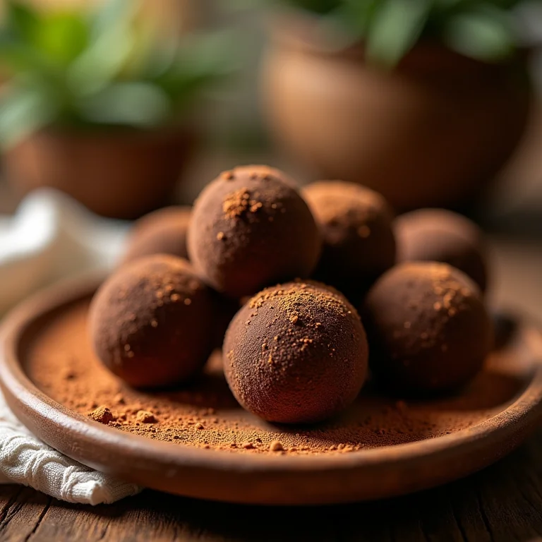 Trufas gourmet em prato de madeira com cacau