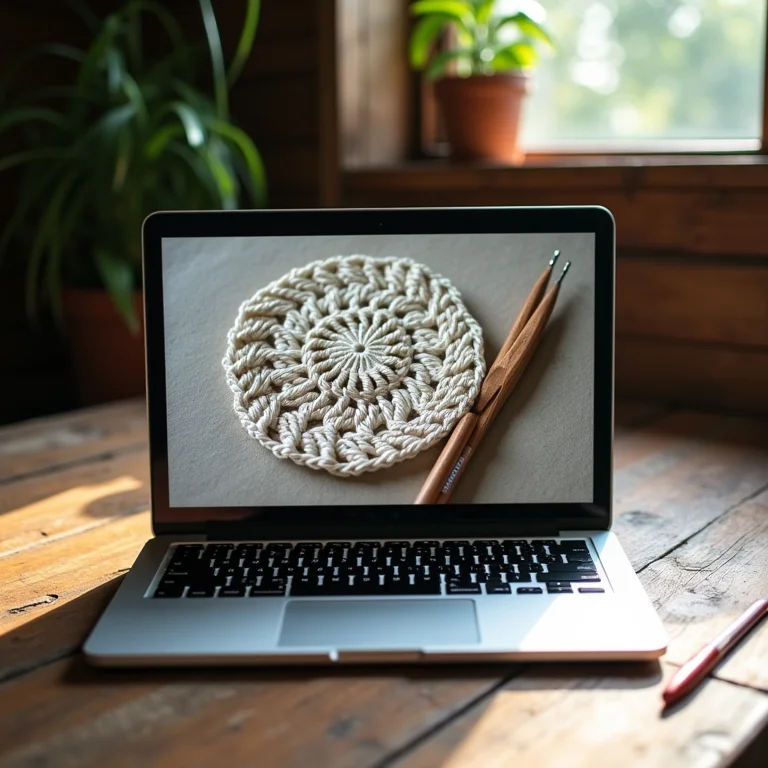 Tutorial de crochê online em tela de laptop