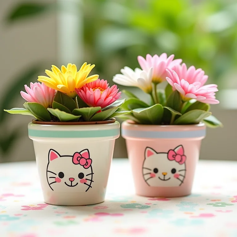 Vasinhos de flor personalizados com tema da Gatinha Marie para lembrancinhas