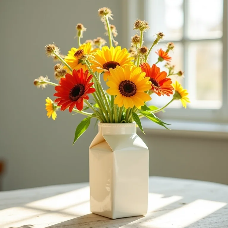 Vaso de flores feito com embalagem de leite reciclada decorando uma mesa