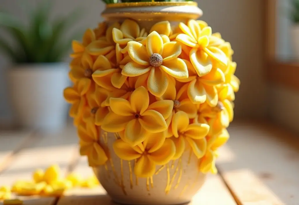 Artesanato com macarrão: Ideias criativas e fáceis para decorar Vaso rústico decorado com macarrão pintado de dourado