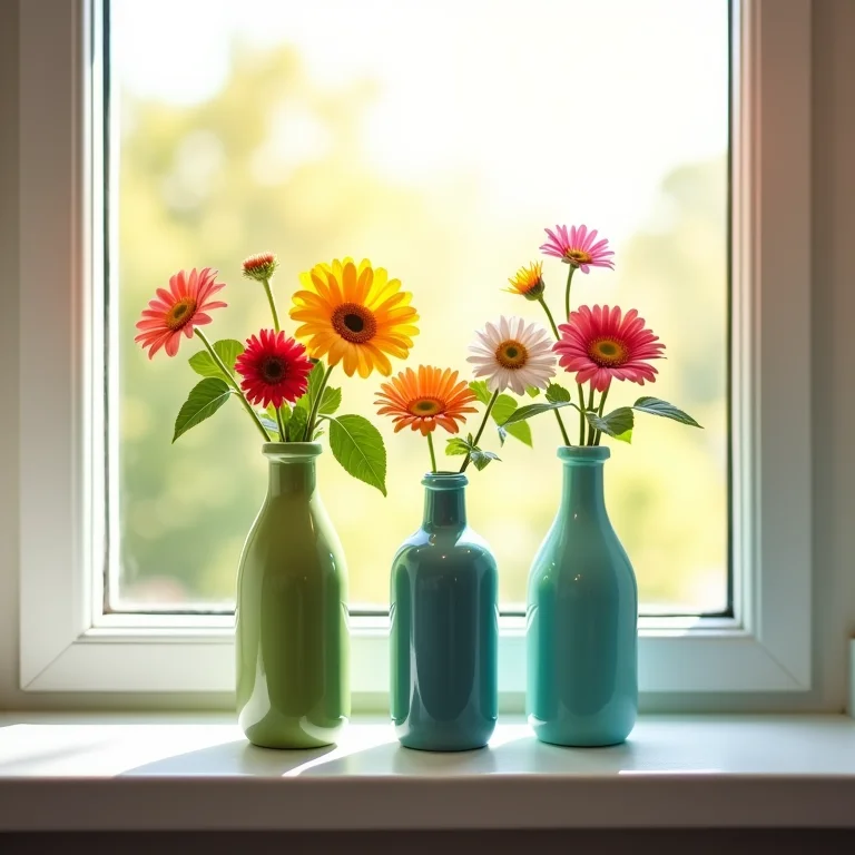 Vasos de flores feitos de garrafas recicladas decorando janela ensolarada.