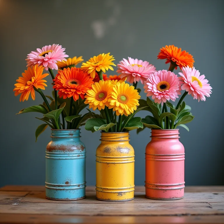 Vasos decorativos feitos de latas de leite pintadas segurando flores coloridas.