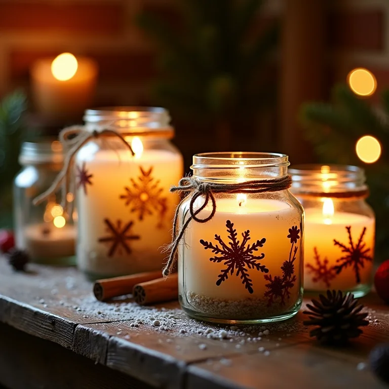 Velas de Natal decoradas com potes de vidro, barbante e canela